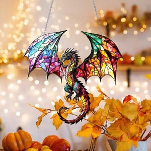 Dragon Window Hanging – Stained Glass Dragon Suncatcher, Fantasy Window Decor, Handmade Gift for Him, Gamer Room Art, DnD Dragon Decor
