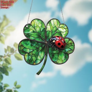 Four Leaf Clover Window Hanging ,Acrylic 2D Flat Ornament, Lucky Shamrock Decor, Ladybug Charm, Irish Gift, Free Custom Keychain