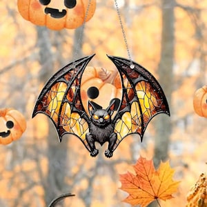Halloween Bat Stained Glass Window Hanging – Spooky Suncatcher for Haunted House Decor, Gothic Glass Art, Creepy Gift for Halloween Lovers