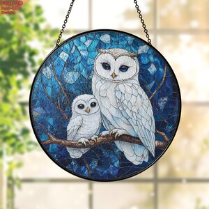 Owl Mom and Baby Faux Stained Glass Suncatcher – Blue Forest Night Window Decor, Gift for Owl Lovers, Mothers,Peaceful Nature-Inspired Homes