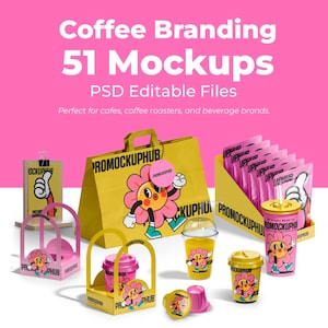 Modelo de PhotoShop de maquete de marca de café, incl.: Sacola de papel, porta-copos, copos de plástico e papel, suporte de menu de mesa e maquete de embalagem de produto