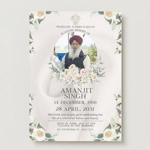 May include: A cream-coloured memorial invitation with floral decorations. The invitation features a photograph of a man with a turban and beard. Text includes the name Amanjit Singh, dates, and an invitation to a memorial service.