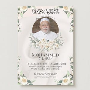 Può includere: Biglietto commemorativo con un ritratto di uomo, circondato da composizioni floreali. Il biglietto include il testo "In Loving Memory of Mohammed Yusuf" e le date di nascita e di morte. È incluso anche un invito a una cerimonia commemorativa.