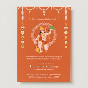 May include: Orange invitation card featuring an illustration of Hanuman, a Hindu deity, within a circular frame. The card includes text in English: "Shree Hanuman Chalisa Paath" and "Hanuman Chalisa". Decorative elements include floral garlands and text.
