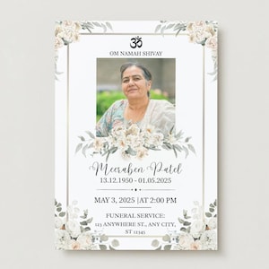 May include: A memorial card with a photo of a woman, surrounded by floral and leaf accents. The card includes the text "OM NAMAH SHIVAY", the name "Meeraben Patel", dates, and funeral service details.