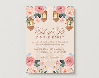 May include: A beige invitation card for an Eid al-Fitr dinner party. The card features watercolor illustrations of pink and peach roses, lanterns, and the text "Eid al-Fitr Dinner Party". Includes date, time, address, and RSVP information.