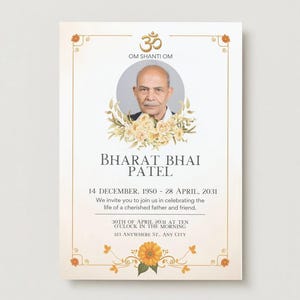 May include: A memorial invitation with a portrait of Bharat Bhai Patel. The design features a photo in a circular frame, floral accents, and text including dates and an invitation to a celebration of life.