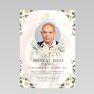 May include: A memorial card with a portrait of Bharat Bhai Patel. The card features floral accents and text including dates, a message of remembrance, and an invitation to a celebration of life.