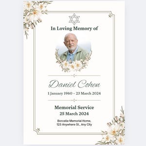 Puede incluir: Una tarjeta conmemorativa con un retrato de un hombre, adornos florales y el texto "In Loving Memory of Daniel Cohen, 1 de enero de 1960 - 23 de marzo de 2024." También incluye detalles para un servicio conmemorativo el 25 de marzo de 2024.