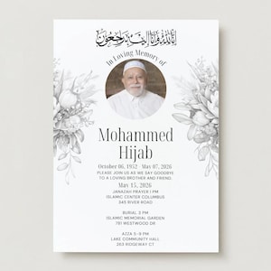 May include: A memorial card with a portrait of a man in a white shirt and a white cap. The card includes the text "In Loving Memory of Mohammed Hijab" and details of his life and memorial service, with floral accents.