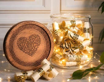 Frasco islámico de súplicas con tapa grabada con la Shahada / 50 versículos del Corán, súplicas y afirmaciones / Regalo musulmán para Nikah, conversos, Hajj, Ramadán y Eid.
