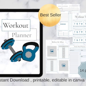 Könnte beinhalten: Ein digitaler Trainingsplaner auf einem Tablet, mit einer Hantel- und Kettlebell-Illustration. Der Planer enthält Abschnitte für die Tagesplanung, das Trainingstracking und die Essensplanung. Text: "Workout Planner", "Best Seller" und "14 Seiten".