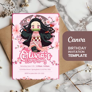 May include: A pink birthday invitation template featuring an anime character surrounded by pink cherry blossoms. The invitation reads "Olivia's 13th Birthday" with event details and "Canva BIRTHDAY INVITATION TEMPLATE" text.