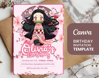 May include: A pink birthday invitation template featuring an anime character surrounded by pink cherry blossoms. The invitation reads "Olivia's 13th Birthday" with event details and "Canva BIRTHDAY INVITATION TEMPLATE" text.