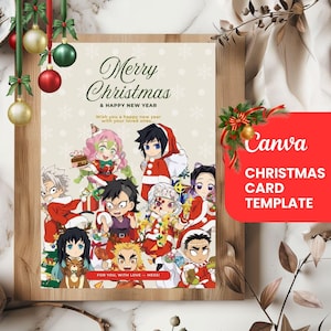 Könnte beinhalten: Eine Weihnachtskarte mit Anime-Charakteren im Weihnachtsmann-Outfit. Auf der Karte steht "Merry Christmas & Happy New Year" und "Wish you a happy new year with your loved ones..." Das Canva-Logo und "CHRISTMAS CARD TEMPLATE" sind ebenfalls sichtbar.