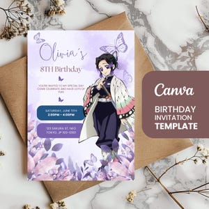 May include: A birthday invitation template featuring a purple and white design with butterflies and floral accents. The invitation includes the name "Olivia's", the text "8TH Birthday", and event details. The Canva template is on a brown background.
