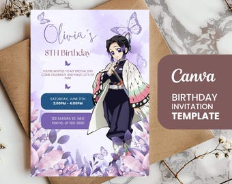 May include: A birthday invitation template featuring a purple and white design with butterflies and floral accents. The invitation includes the name "Olivia's", the text "8TH Birthday", and event details. The Canva template is on a brown background.