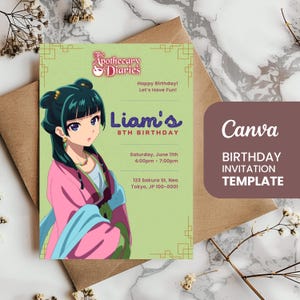 Convite de aniversário | Diários do Boticário | Editável no Canva | Festa de Anime | Download instantâneo | Maomao personalizável 5x7"