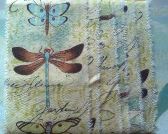 Dragonflies, turquoise, brown, lemon. Junk journal hand torn craft Muslin Ribbon 2514 2x34s oohlalacrafts