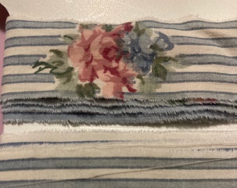 blue stripe  2 yards pink roses tea dye fabric  torn ribbon shabby chic. Junk journal hand craft Muslin ribbon 5082 1 2x34 oohlalacrafts