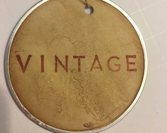 6 VINTAGE Metal Rimmed Tags, Tea Dyed Round Labels 1380 oohlalacrafts