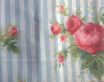 Roses, BLUE pink Rosebuds  stripe. Junk journal hand torn craft Muslin Ribbon 2520 2.75x34s oohlalacrafts