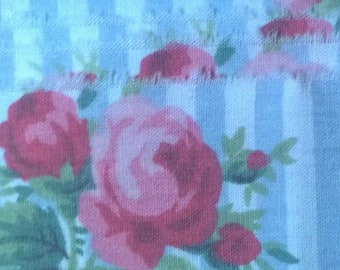 pink BLUE  roses stripe, rosebuds, Junk journal hand torn craft Muslin ribbon 2526 1.5x34