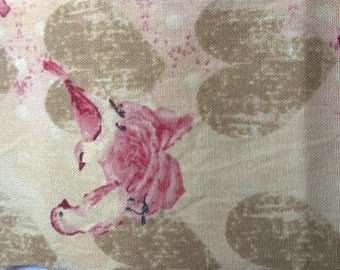 2566 Tea dyed, roses, birds, hearts, pink, taupe. Junk journal hand torn craft Muslin ribbon 2566 3.25x36