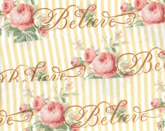 BELIEVE YELLOW hand stamped pink roses stripe shabby cottage chic ribbon Muslin 1845 2.75x34 oohlala