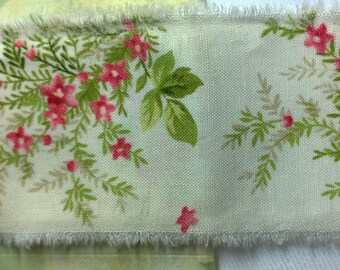 Red, green, flower bouquets with foliage. Off white background. Junk journal hand torn craft Muslin ribbon  2563 2.25x34