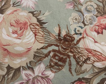 bees nature Wide, sage green pink vintage floral LARGE HONEY BEE  hand stamped, junk journal hand torn fabric ribbon craft Muslin 1829 4x34s