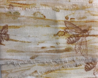 honey bees ,butterflies ,tea dyed,metallic hand stamped, junk journal hand torn craft Muslin 1830 1.5x36