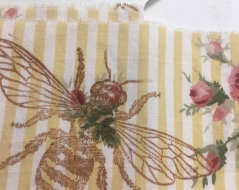 bees YELLOW large honey bee,nature hand stamped ,stripe  pink roses  ribbon  shabby chic. Junk journal hand torn  1831 2.75x34s