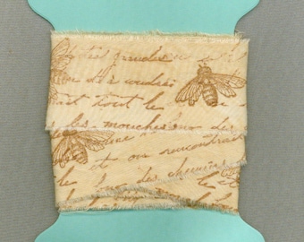 honey BEE, FRENCH SCRIPT tea dyed, rubber stamped, ,shabby chic, ,ribbon,hand torn, Paris tag, french trim 1806 1.5x34 oohlalacraft