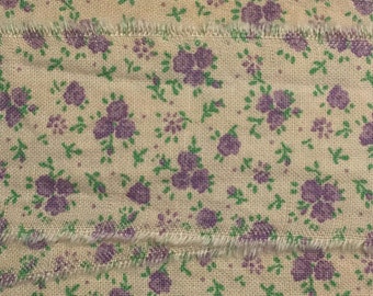 purple flowers green tea dyed script fabric hand torn craft Muslin ribbon, trim, junk journal  1783 1.5x34