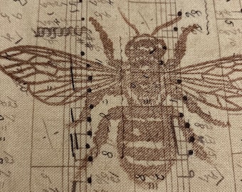 Bee music tea dyed hand stamped  Junk journal hand torn craft Muslin vintage fabric ribbon 1854 3x34