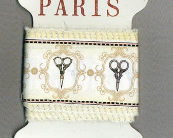 SEWING Vintage scissor ribbon, sewing theme, hand made theme hand made , frayed fabric,gift wrap, trim card making 702 2.5x18
