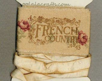 French COUNTRY 3 yards trim tea dyed seam binding ribbon shabby French  chic hand made stamped Muslin junk journal  1867 2x34 .oohlala craft