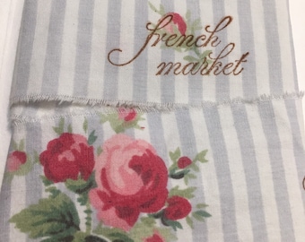 French Market Fabric Ribbon, Blue Stripe Pink Roses, Hand Torn Muslin