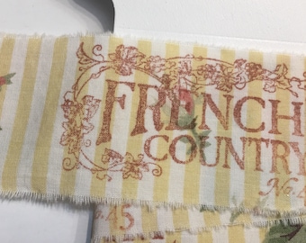 French country YELLOW stripe pinks rose vintage fabric Junk journal hand torn craft Muslin ribbon 1838 1.50x34