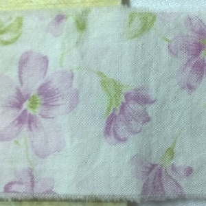 shabby chic Pale purple, flowers, buds, leaves. Junk journal hand torn craft Muslin ribbon 2568 1.75x34