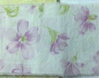 shabby chic Pale purple, flowers, buds, leaves. Junk journal hand torn craft Muslin ribbon 2568 1.75x34