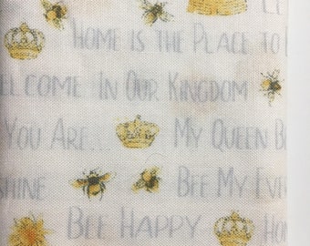 bees honey bees ,crowns skep, hive sunflower, words , junk journal hand torn craft Muslin 2448 3.50x34