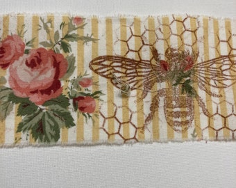 bees Wide honey comb , hand stamped ,YELLOW stripe  pink roses  ribbon  shabby chic. Junk journal hand torn craft Muslin ribbon 1861 2.75x34