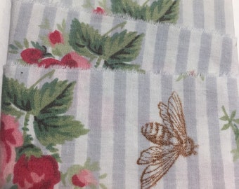 Bees pink roses nature BLUE stripe vintage  fabric torn ribbon shabby chic. Junk journal hand torn craft Muslin ribbon 1836 1.75x34