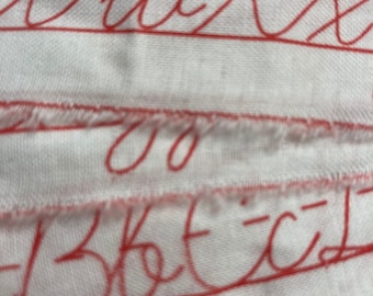 handwriting script penmanship red on white torn fabric ribbon, Junk journal ,hand made  collage textile, 1555r 1.25 x34s  oohlalacrafts