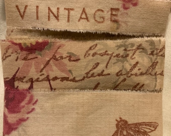 bees Vintage 3 YDS nature French script tea dyed fabric assorted torn ribbon pink floral Junk journal hand stamped 3123.5 .5 1.5x34 3 pcs