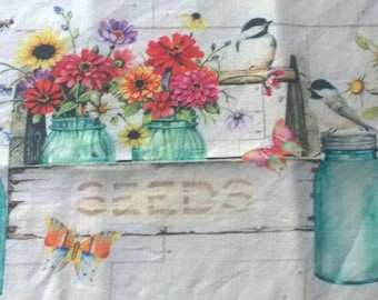 mason jars tea dyed,flowers, birds, butterflies, jars, seeds. Junk journal hand torn craft Muslin ribbon 2523 T 5x36s oohlalacrafts