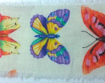 Butterflies, nature colorful, ivory. Junk journal hand torn craft Muslin ribbon 2544 1.5x36