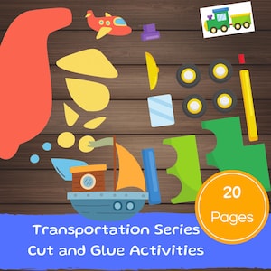 Cut and Paste Activities, Arrange Transportation Series, Cut and Glue Game, Activities for Toddler, Kindergarten, Preschool, Kids Worksheet.